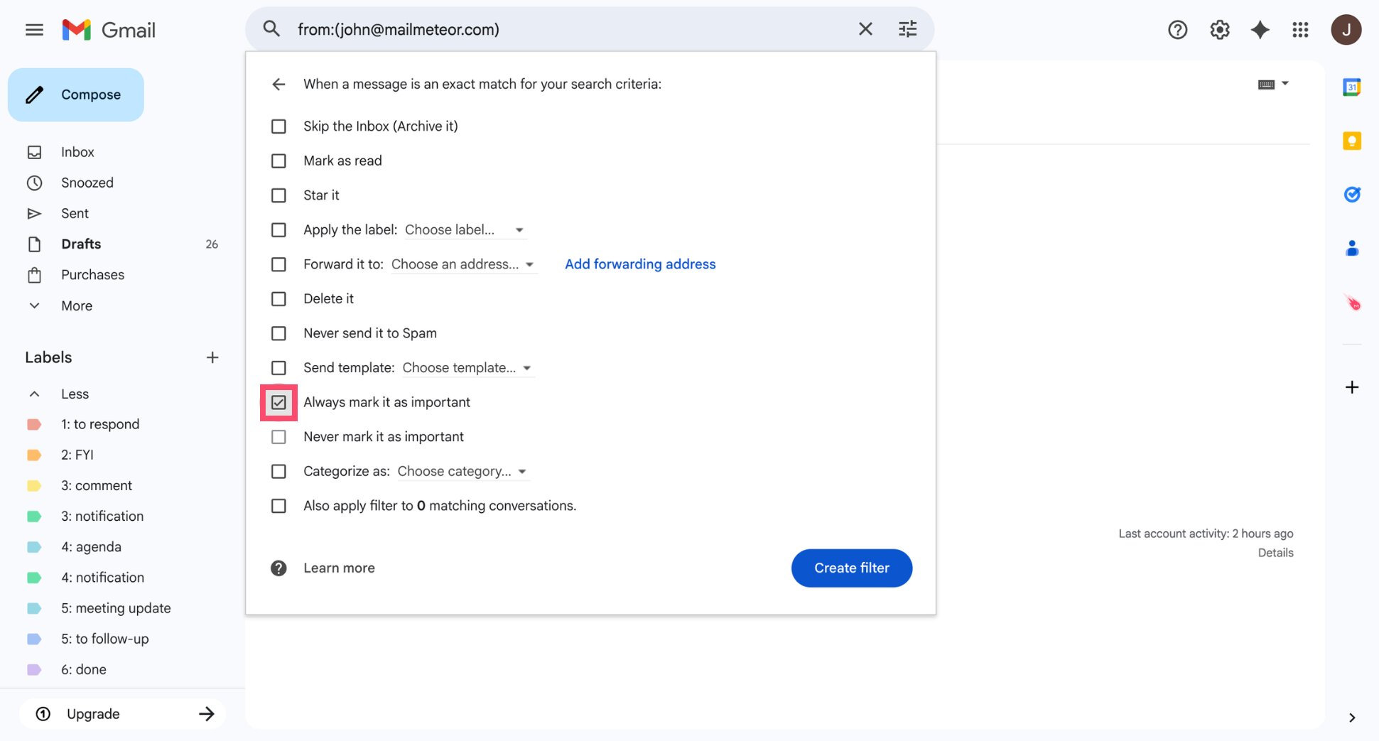 Gmail filter creation screen with the Always mark it as important option checked