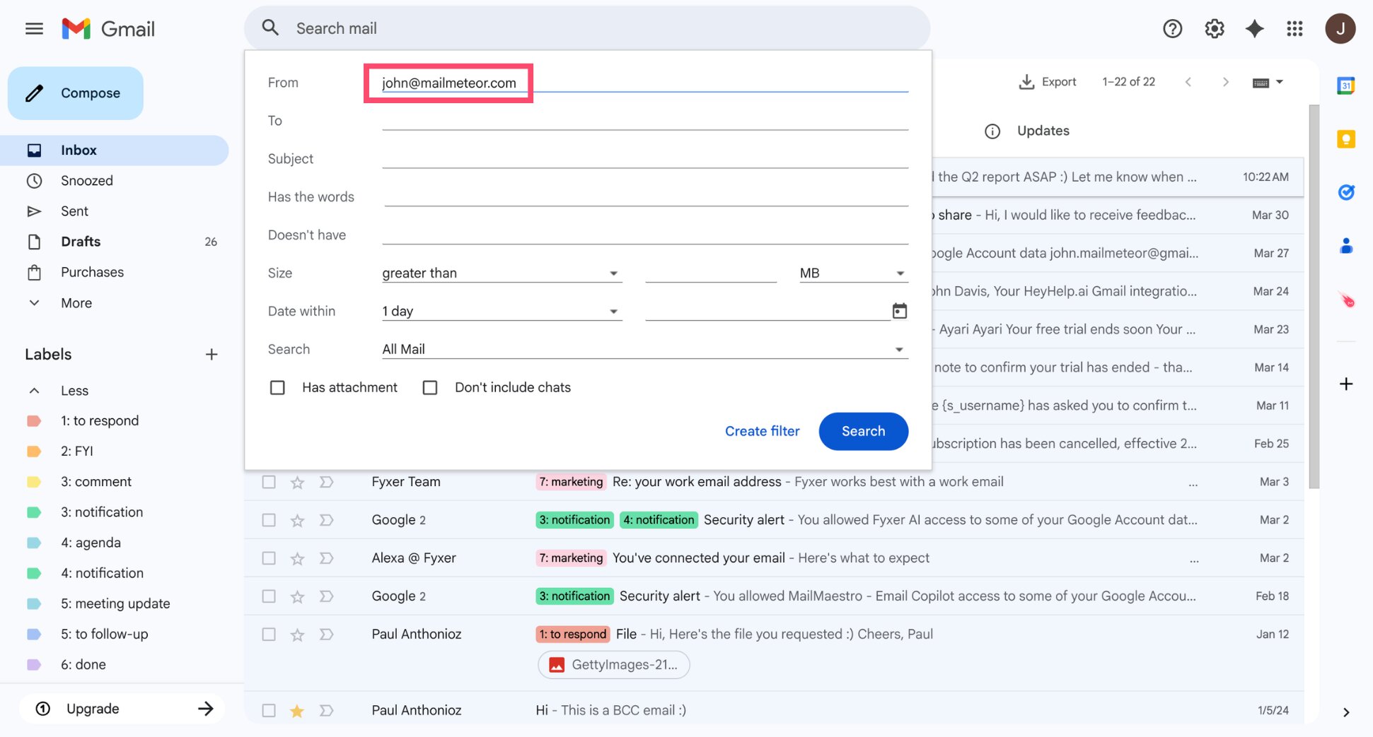 Gmail advanced search panel with the From field filled in with a sender's email address