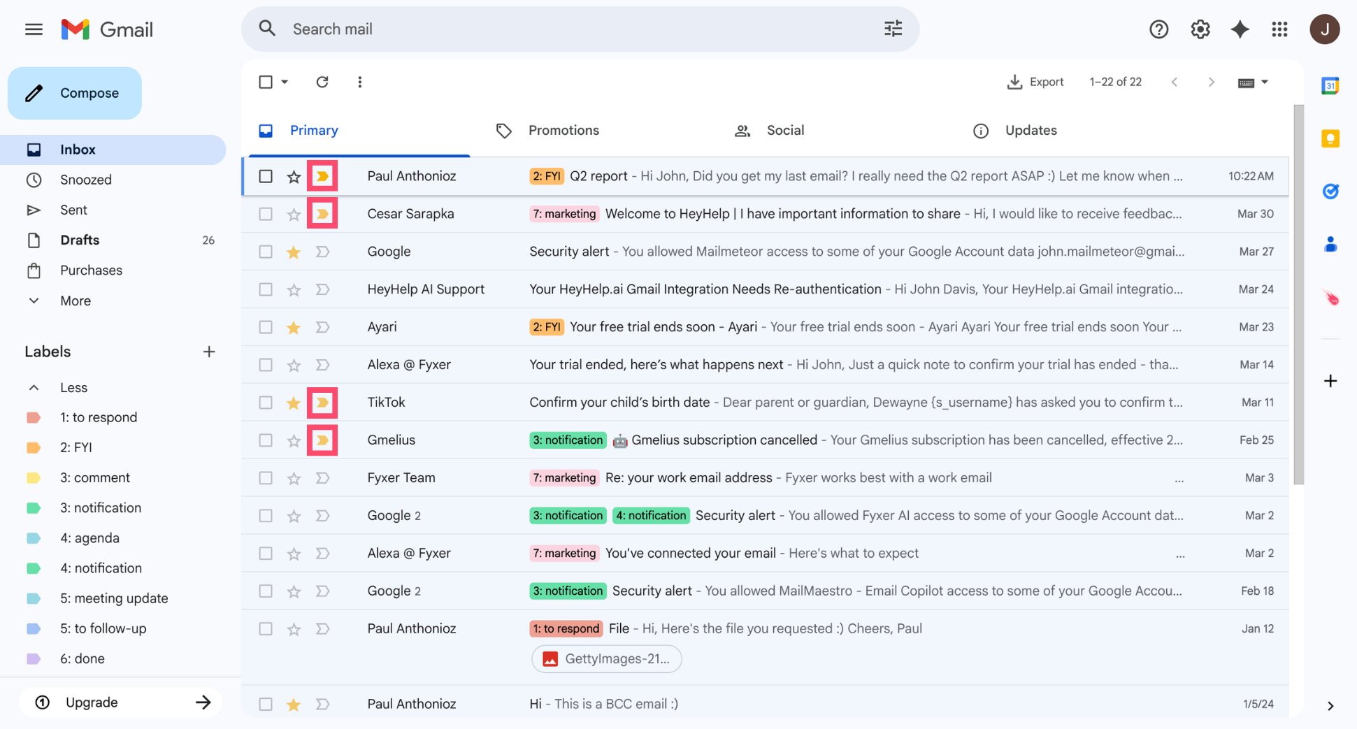 Gmail inbox showing the yellow importance marker arrow next to an email