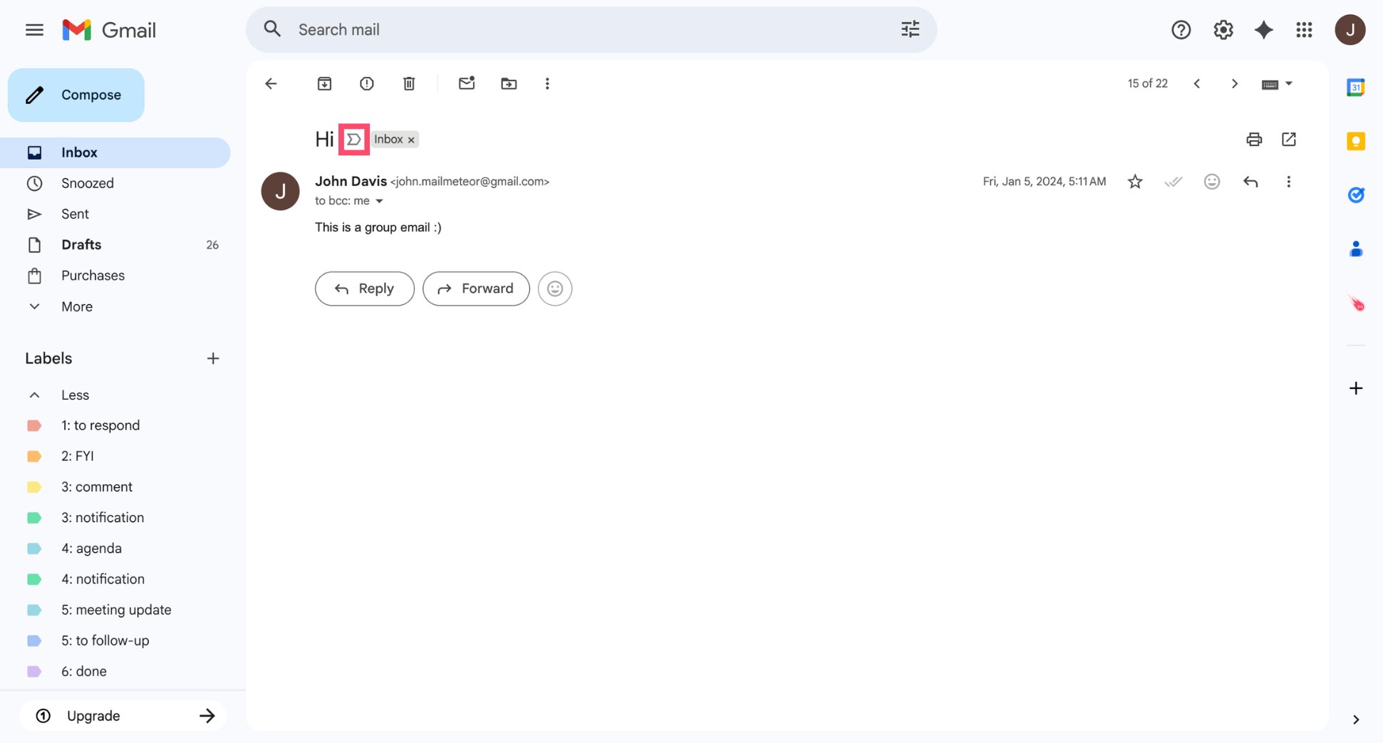 Gmail email view showing the importance marker arrow next to the subject line