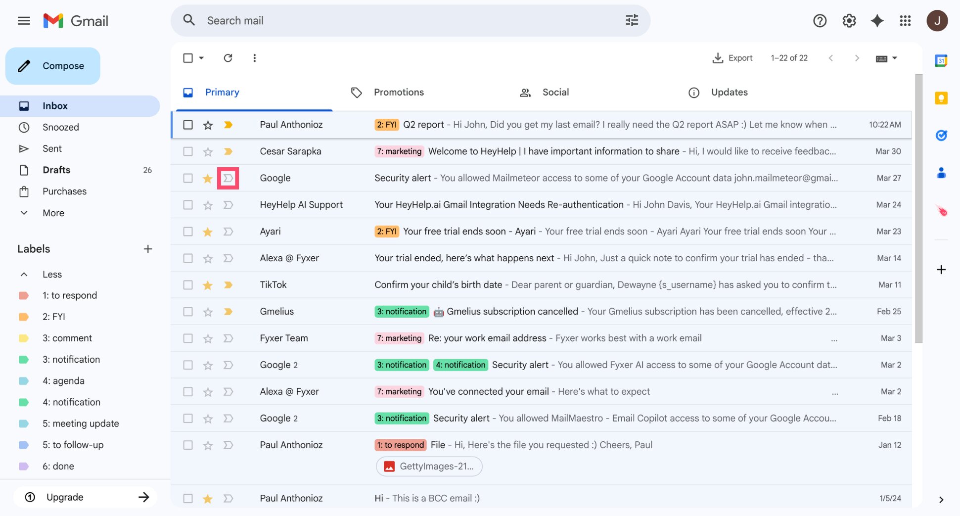 Clicking the importance marker arrow in the Gmail inbox to flag an email