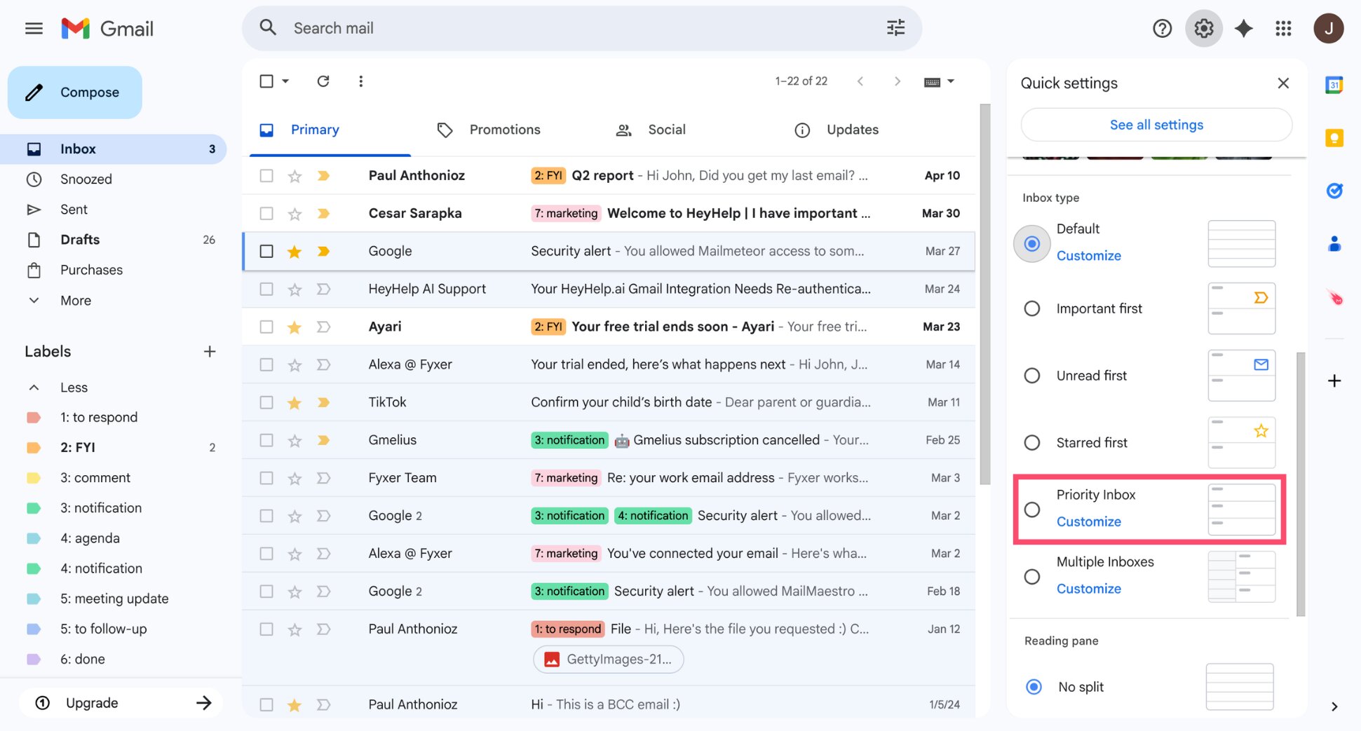 Gmail Inbox settings tab with Priority Inbox selected from the Inbox type dropdown