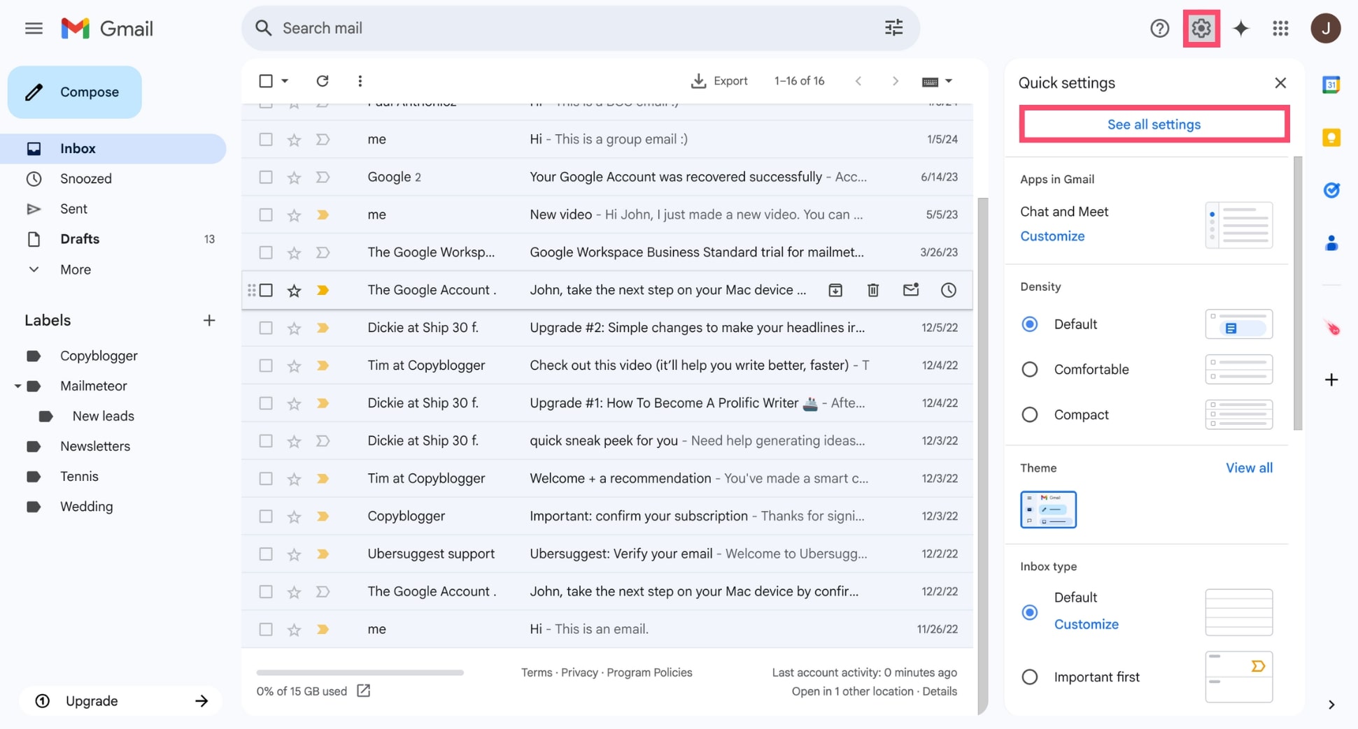 Open the Gmail settings