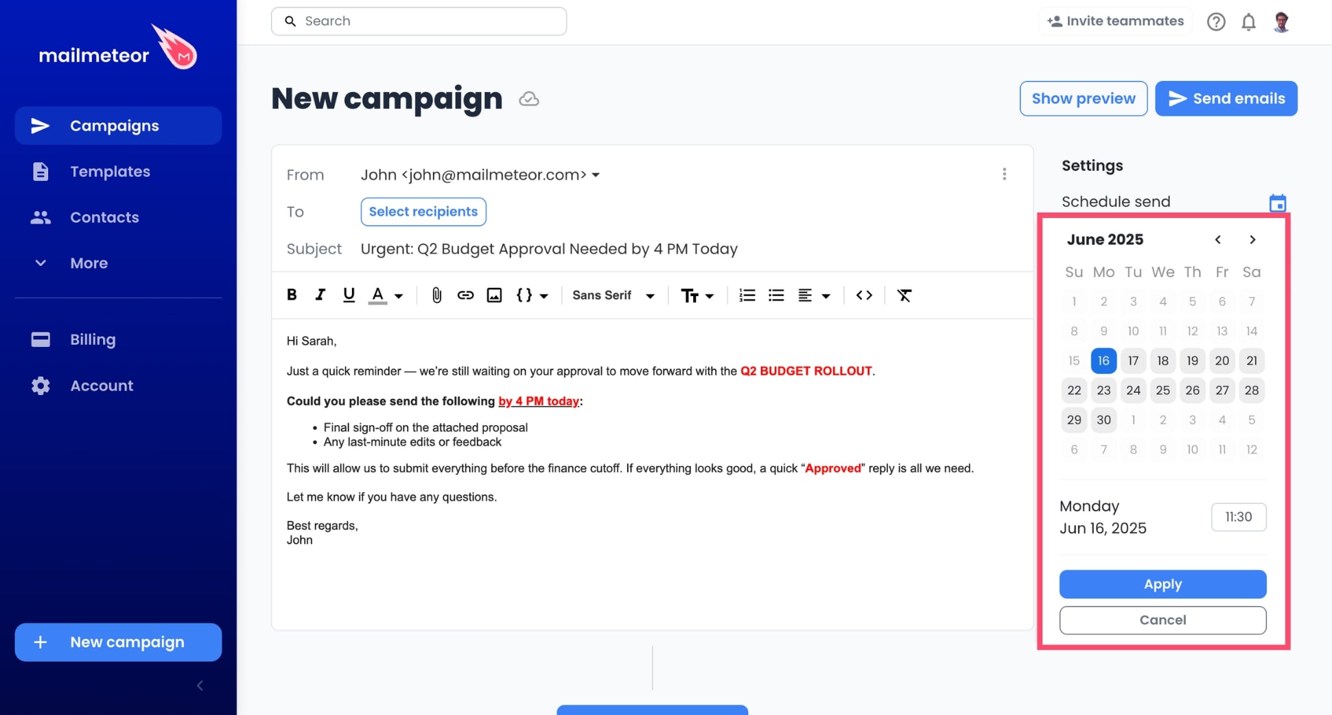 Schedule urgent emails with Mailmeteor to get more replies