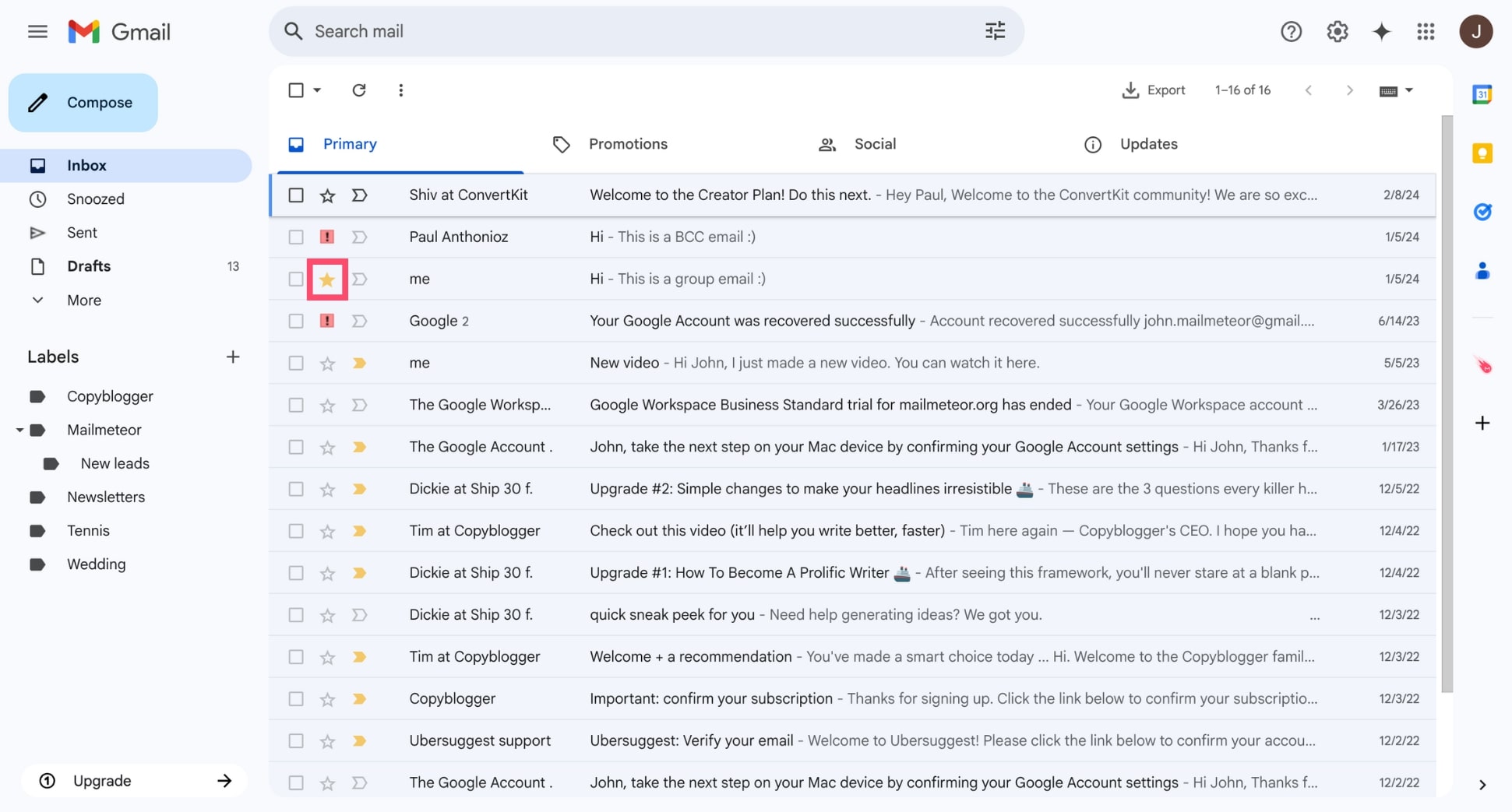 Add a star in Gmail