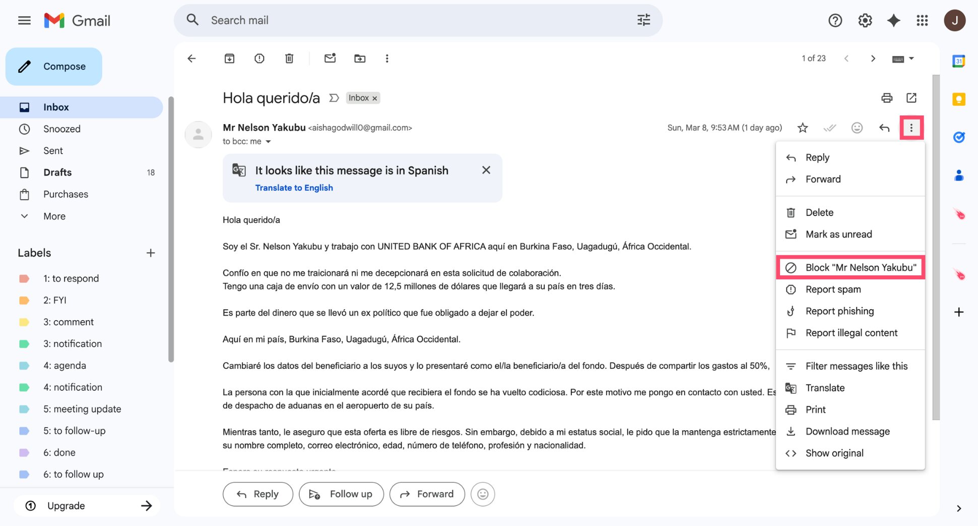 Block sender option in Gmail message menu