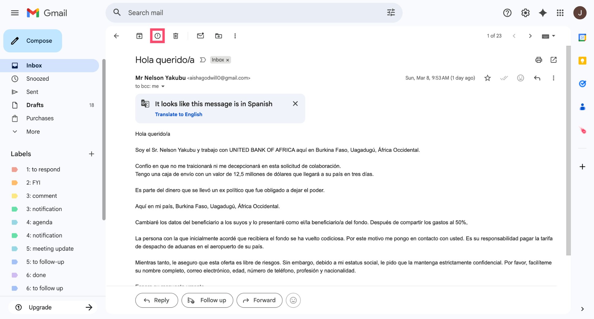 Gmail Report spam button used to mark an email as spam