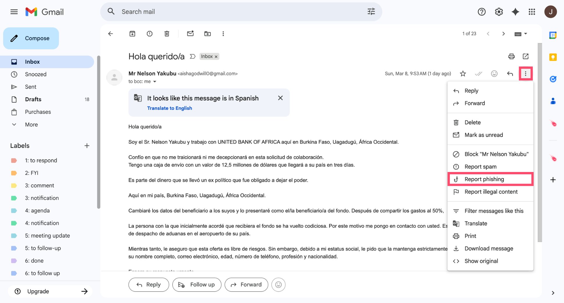 Report phishing option in Gmail menu