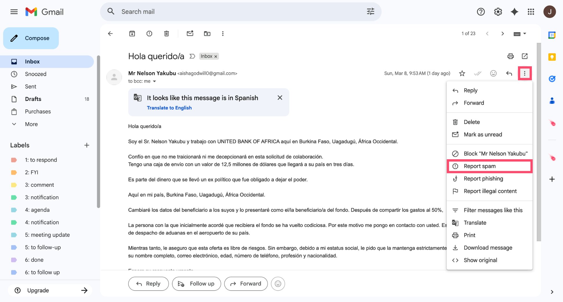 Report spam option in Gmail used to mark an email as spam
