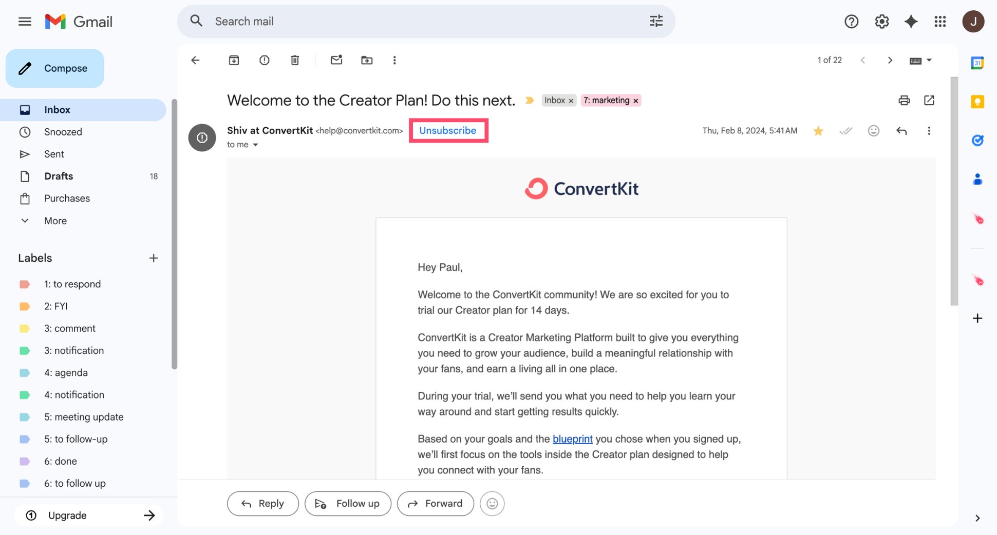 Unsubscribe button in Gmail next to sender address