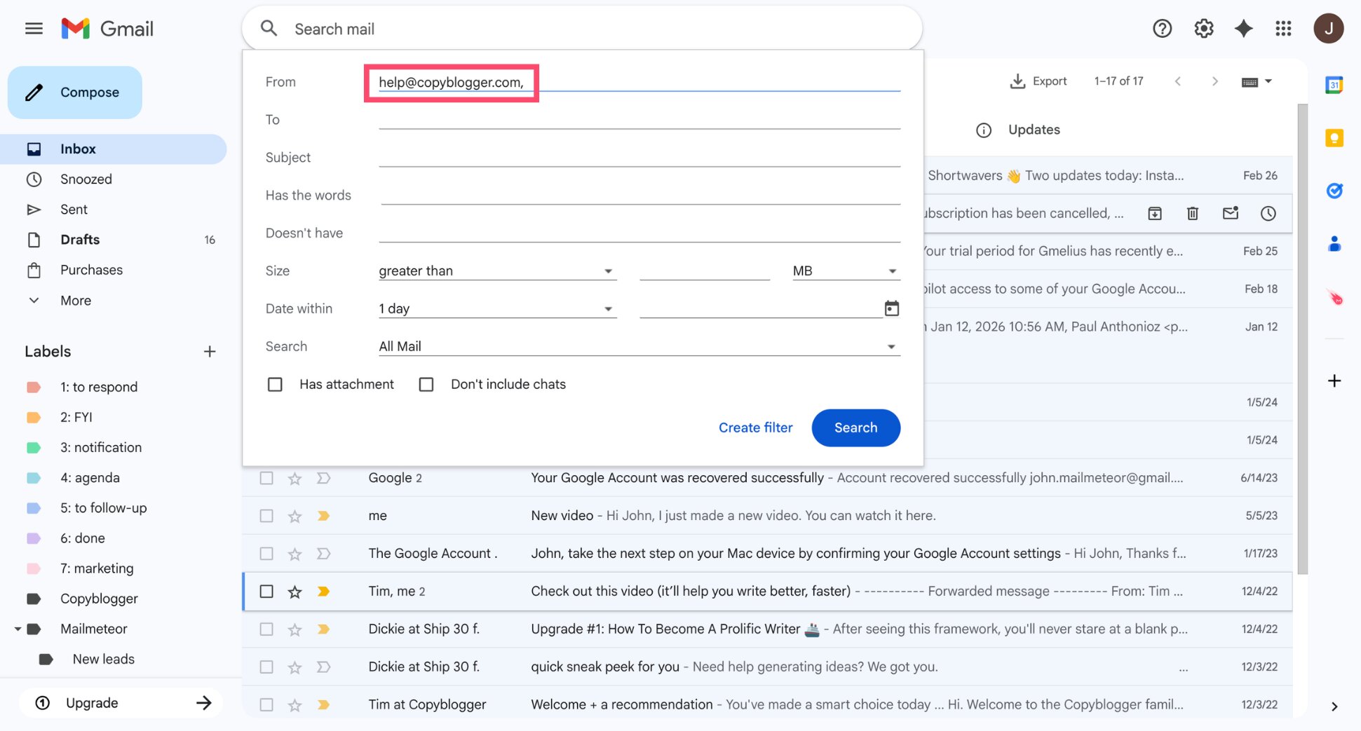 Gmail filter settings window with a sender email address entered in the From field