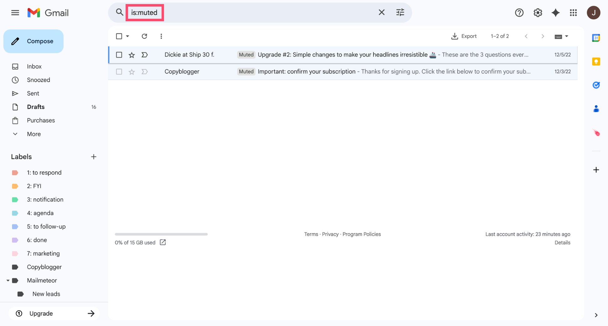 Gmail search bar showing the is:muted operator to find muted emails