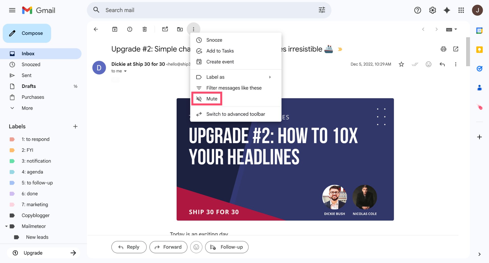 Mute an email in Gmail on desktop