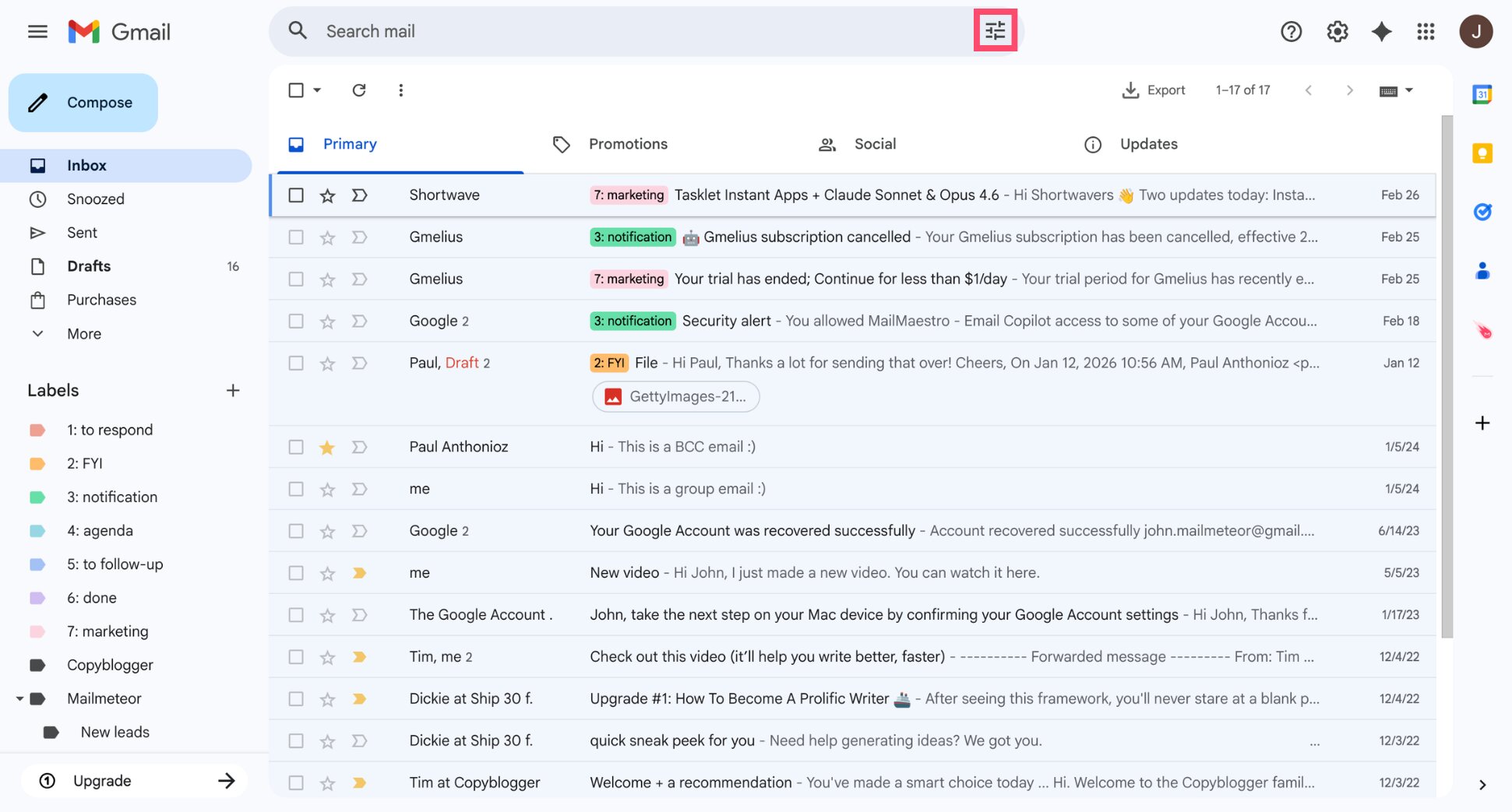 Gmail search bar showing the filter icon
