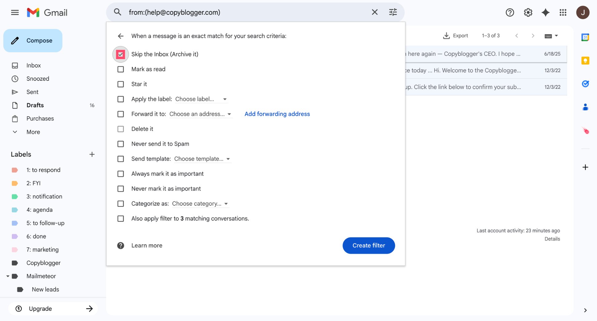 Gmail filter options with Skip the Inbox selected to automatically archive emails from a sender