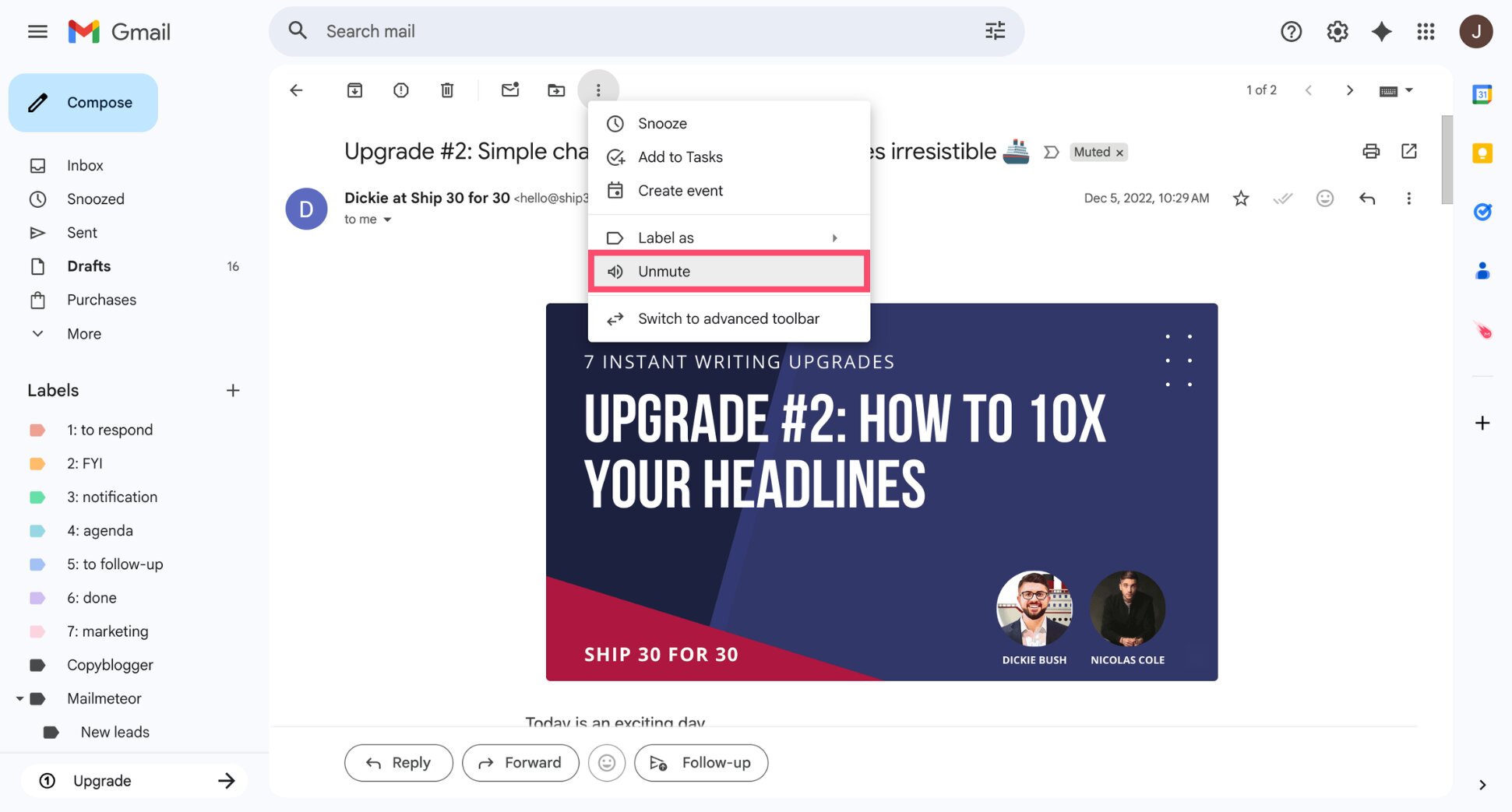 Unmute an email in Gmail