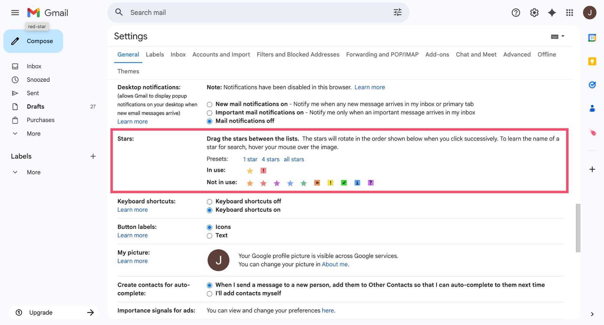 Gmail Stars section