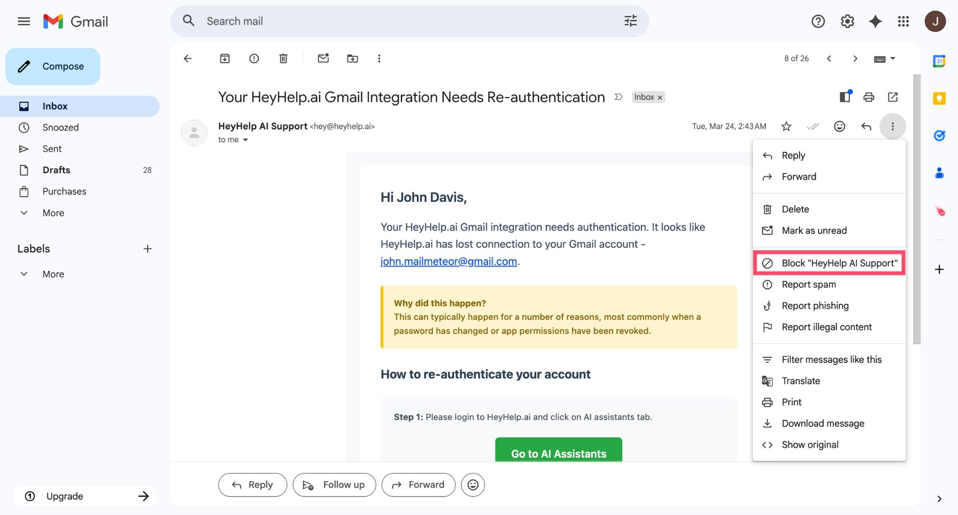Gmail three dots menu showing Block sender option