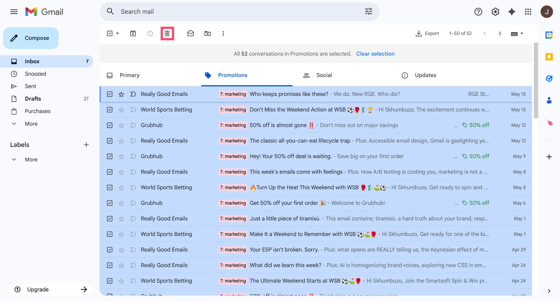 Delete button to bulk delete emails in Gmail