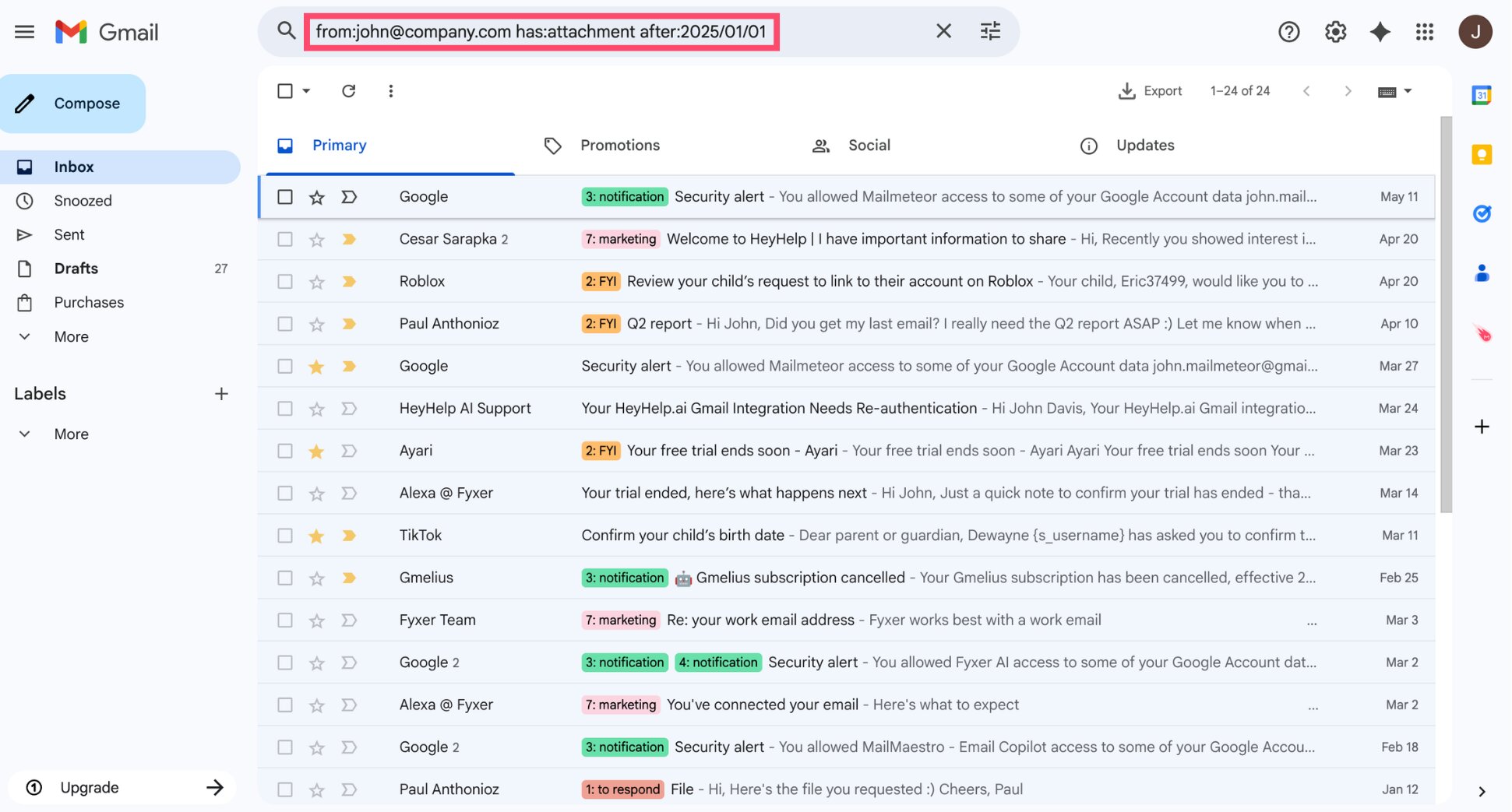 Gmail search bar showing combined search operators example