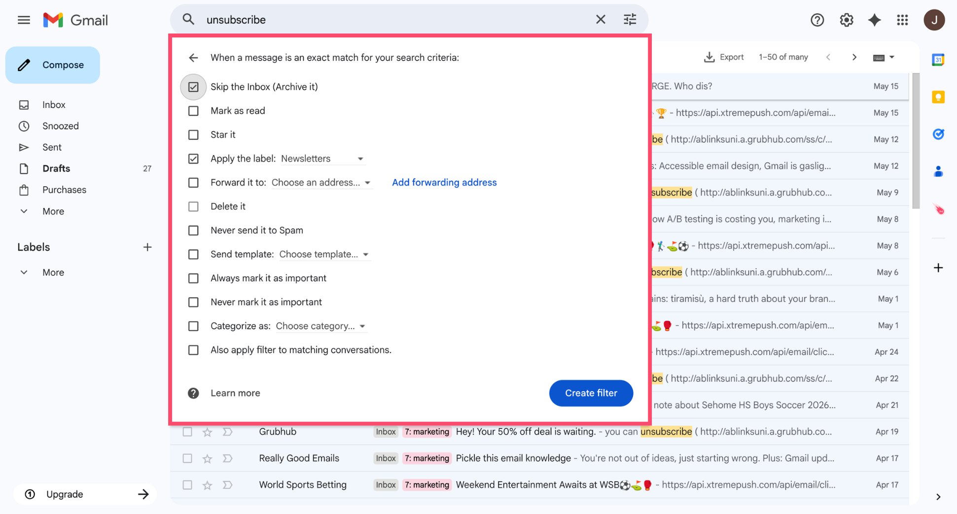 Gmail filter actions — apply label, skip inbox, mark as read