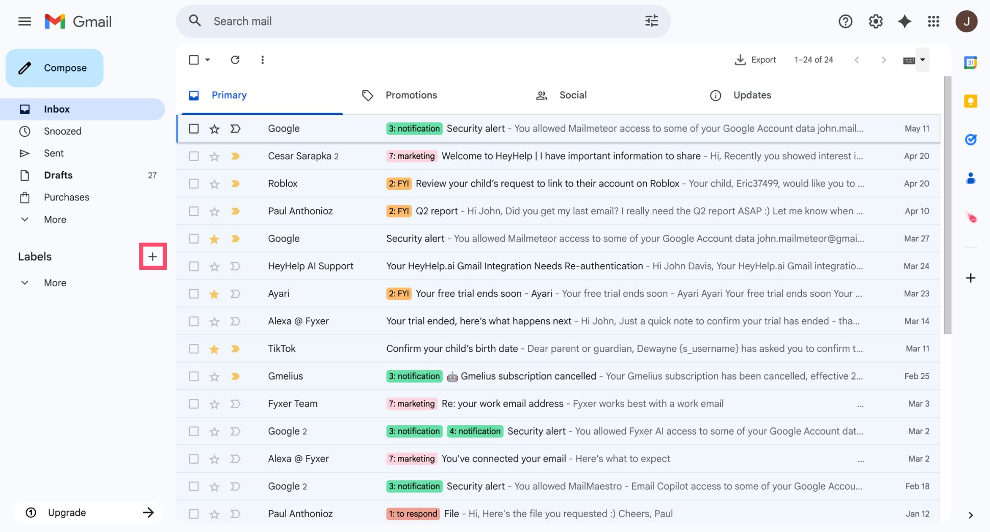 Create new label option in Gmail sidebar