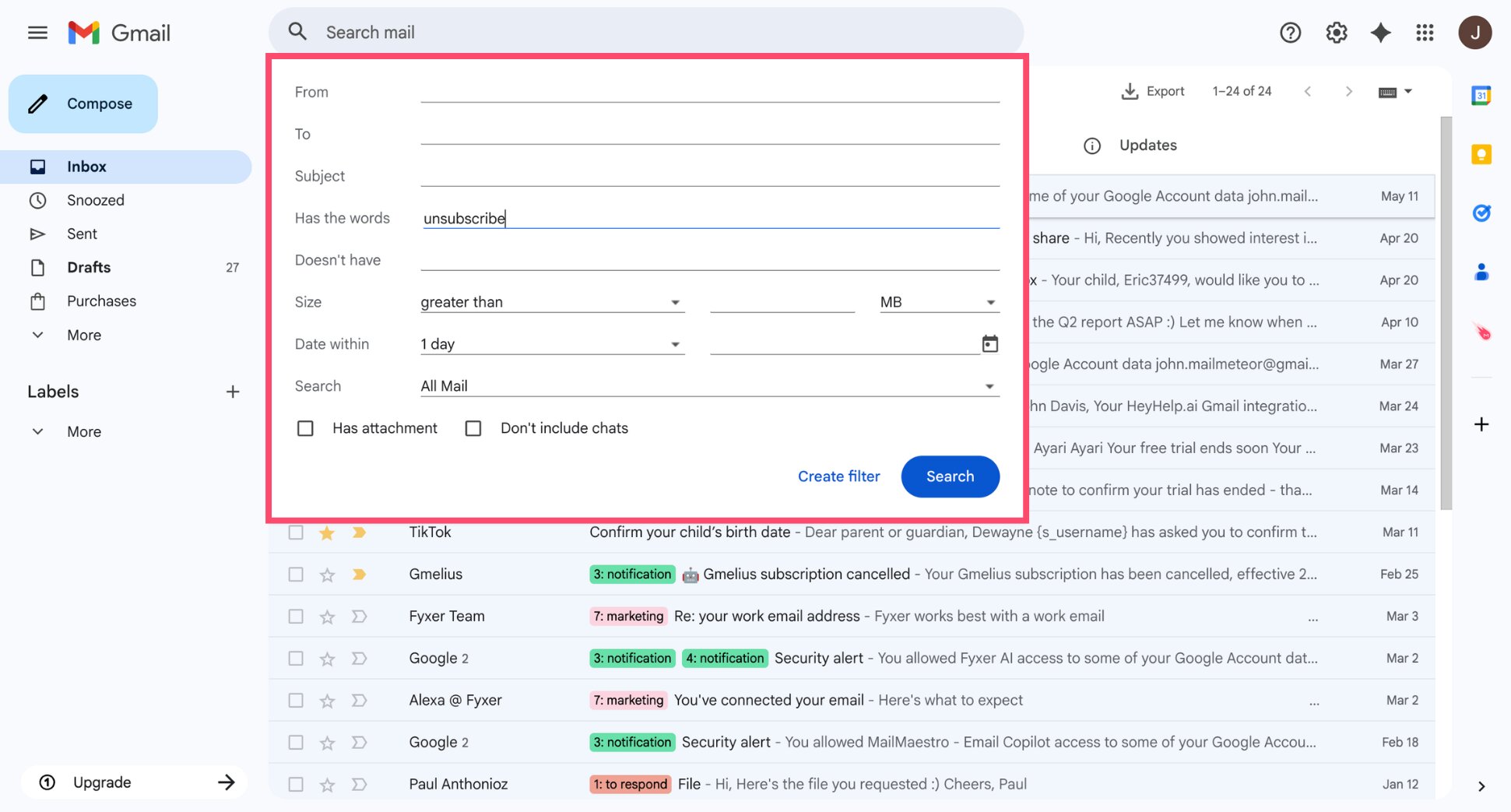 Gmail filter creation form with criteria fields