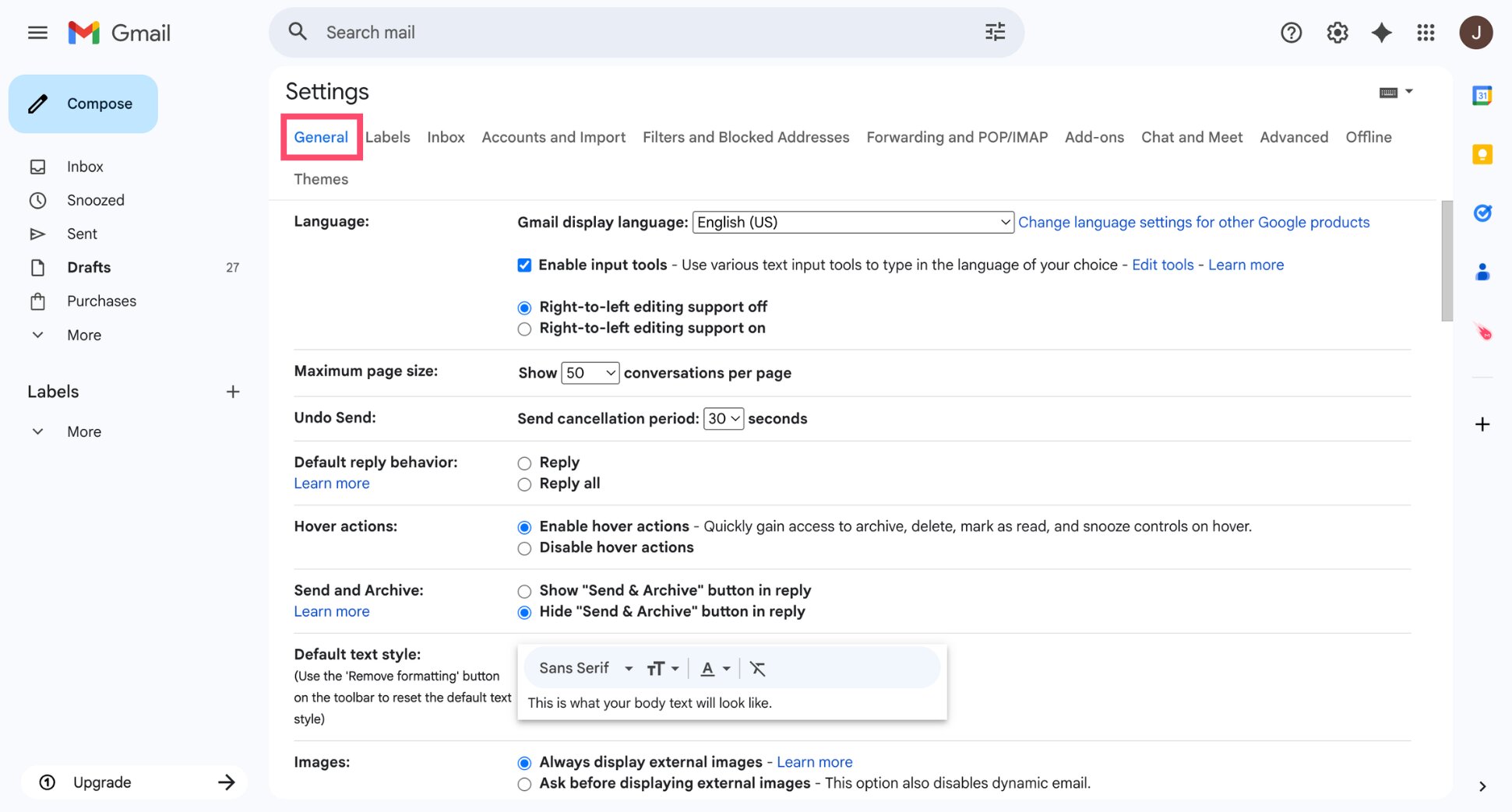Gmail General settings tab