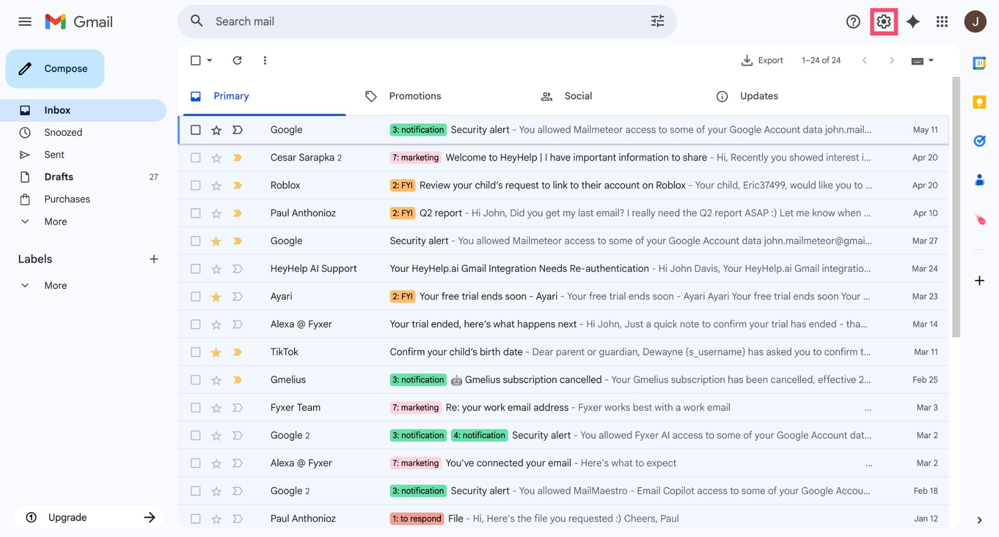Gmail gear icon to access inbox settings