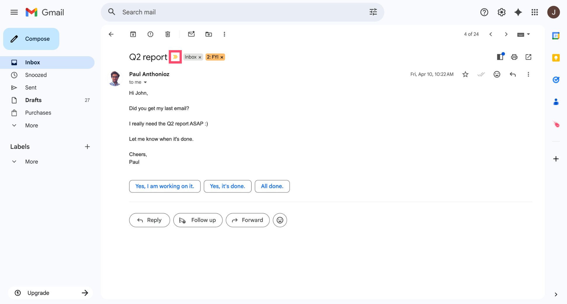 Gmail importance marker icon on an email