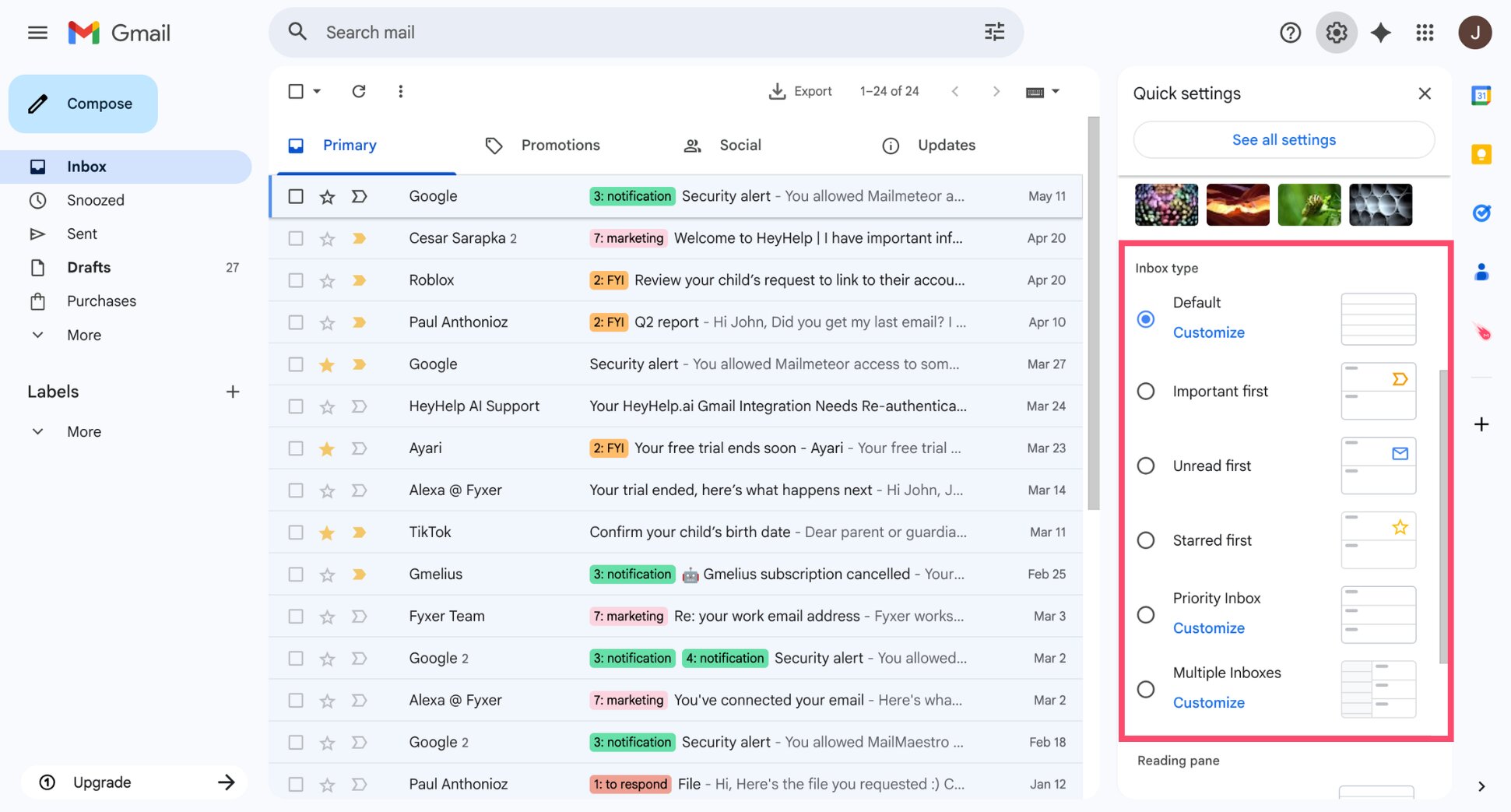 Gmail inbox type settings showing all layout options