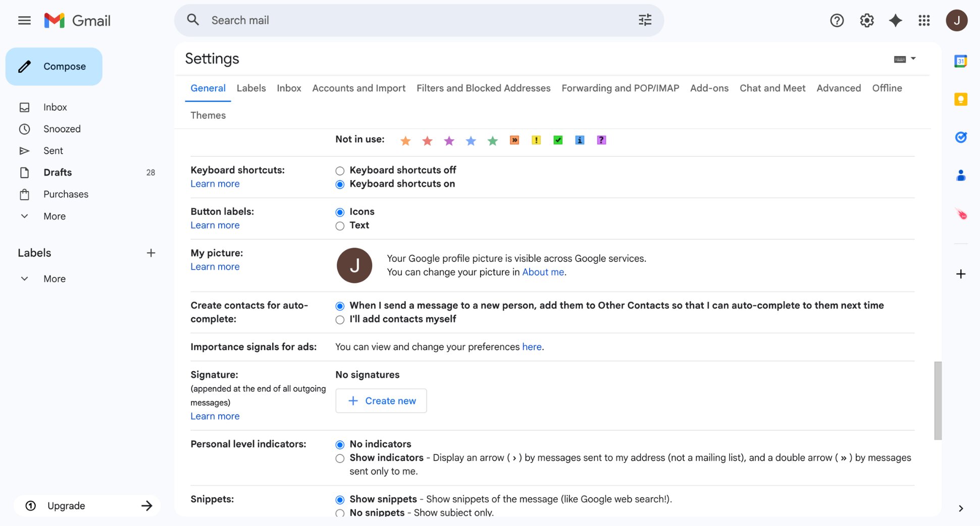 Gmail General settings tab showing keyboard shortcuts option