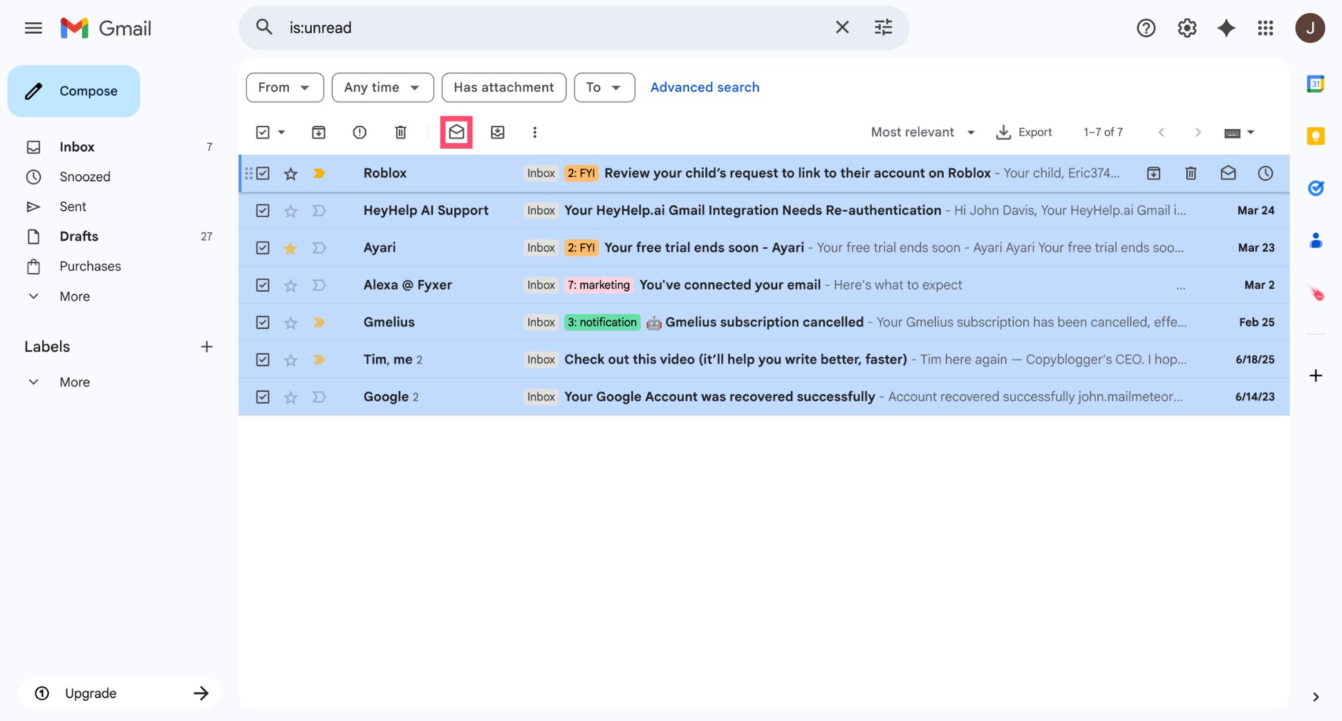 Select all unread emails in Gmail and mark as read