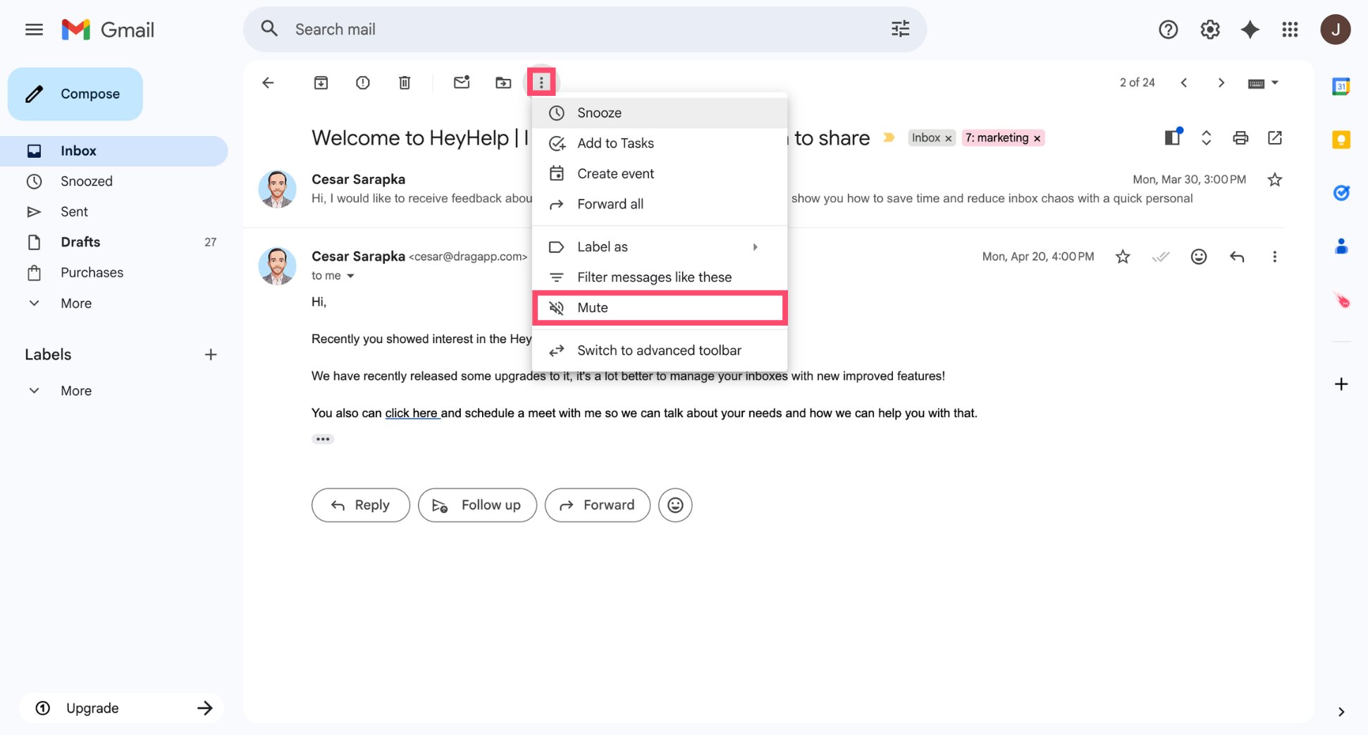 Gmail three dots menu showing the Mute option on an email thread
