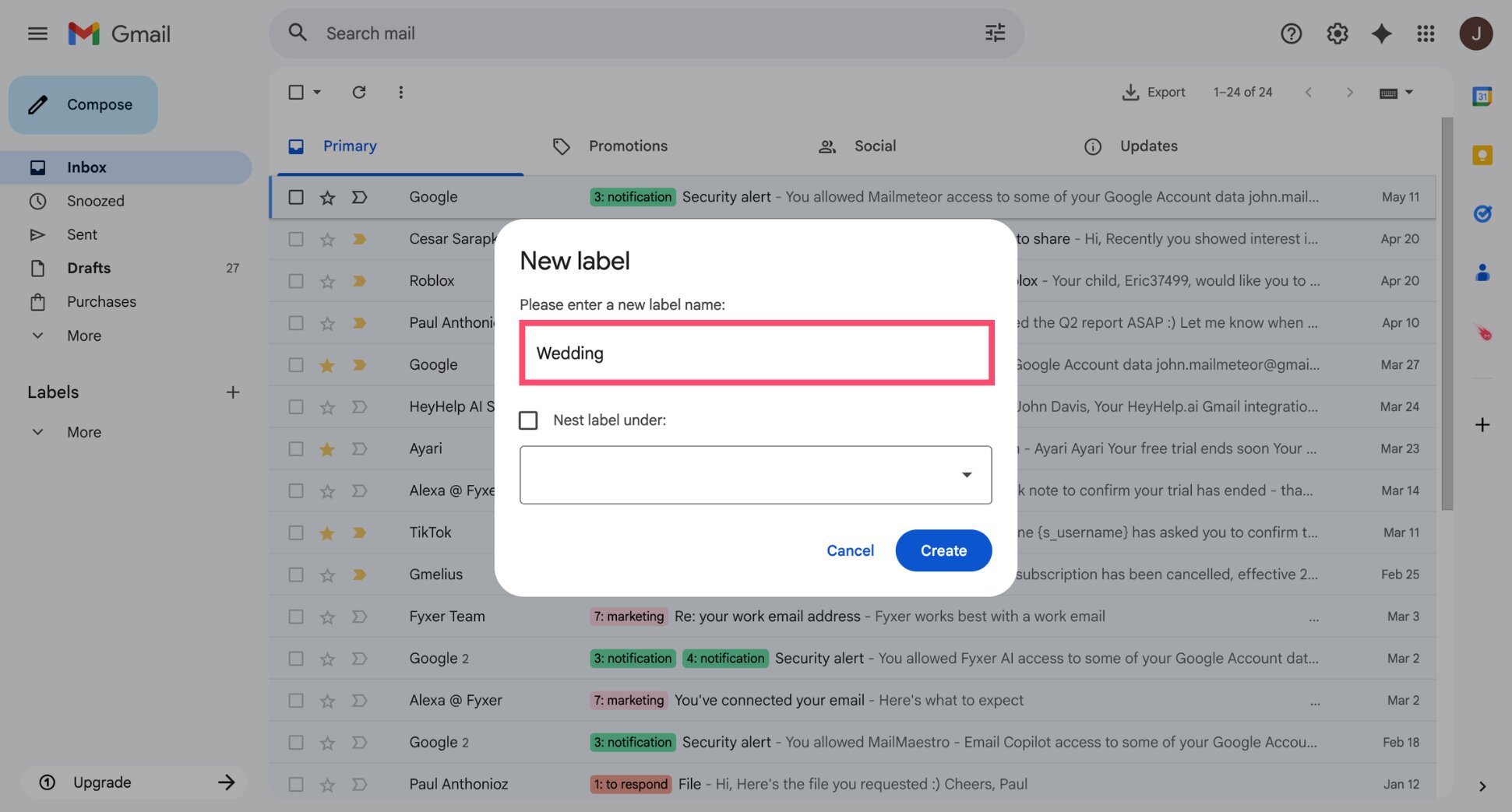 Gmail create label dialog box