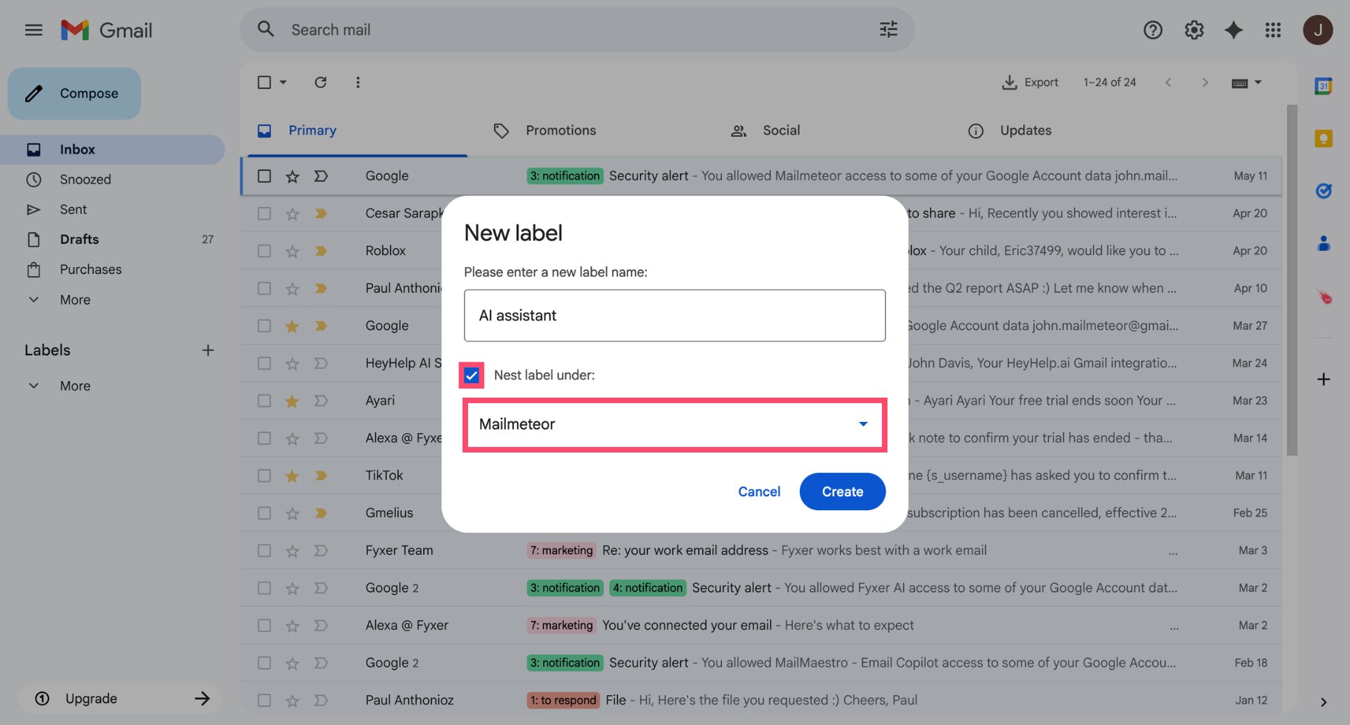 Gmail nest label under option when creating a sub-label
