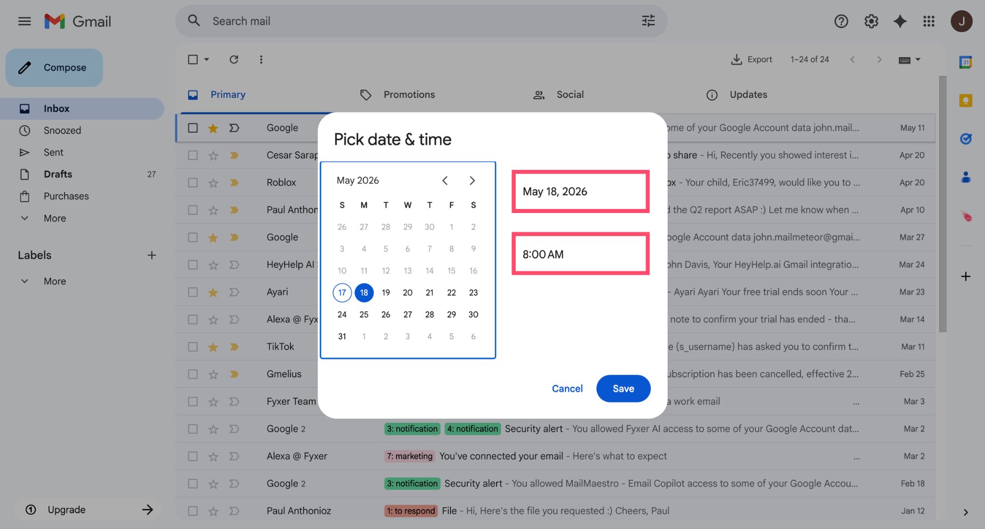 Gmail snooze options — preset times and pick date and time