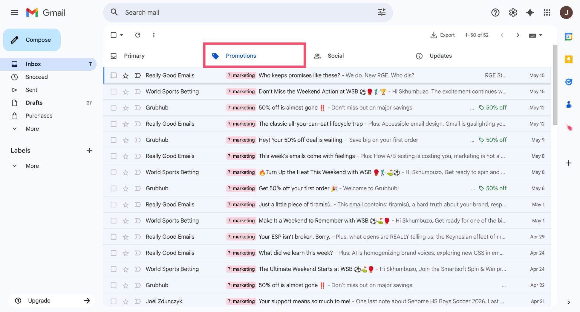 Gmail Promotions tab selected to bulk delete emails