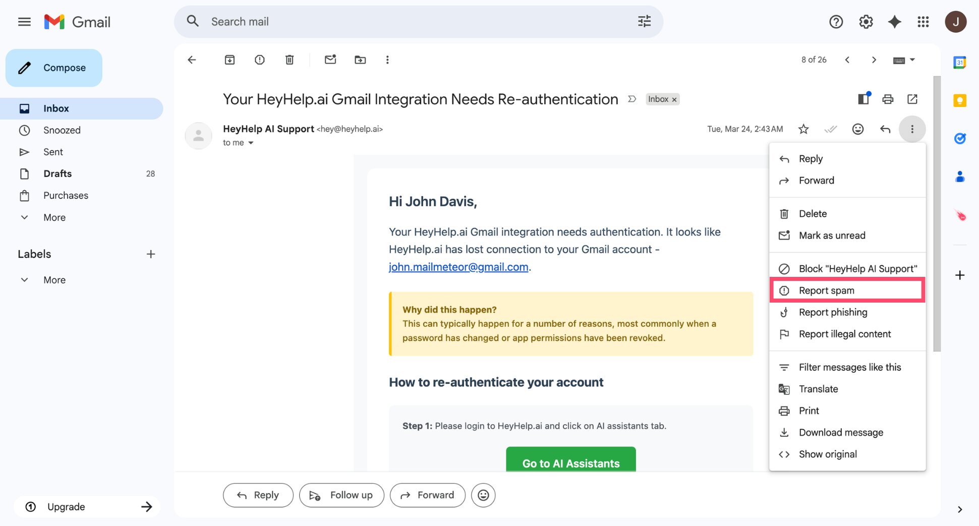 Report spam button in Gmail toolbar