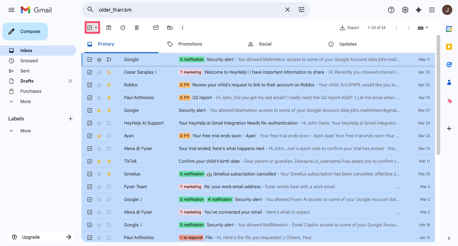 Select all emails matching the search in Gmail