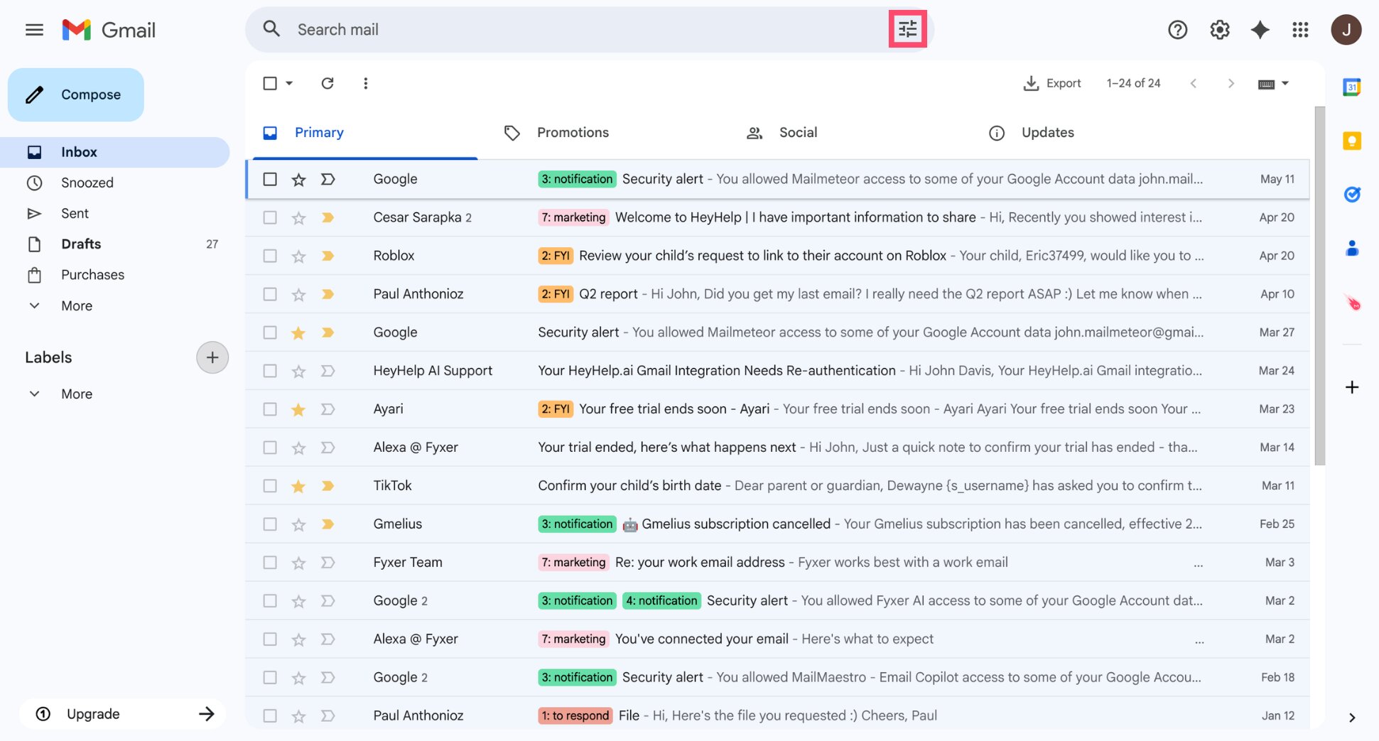 Gmail search options icon to create a new filter