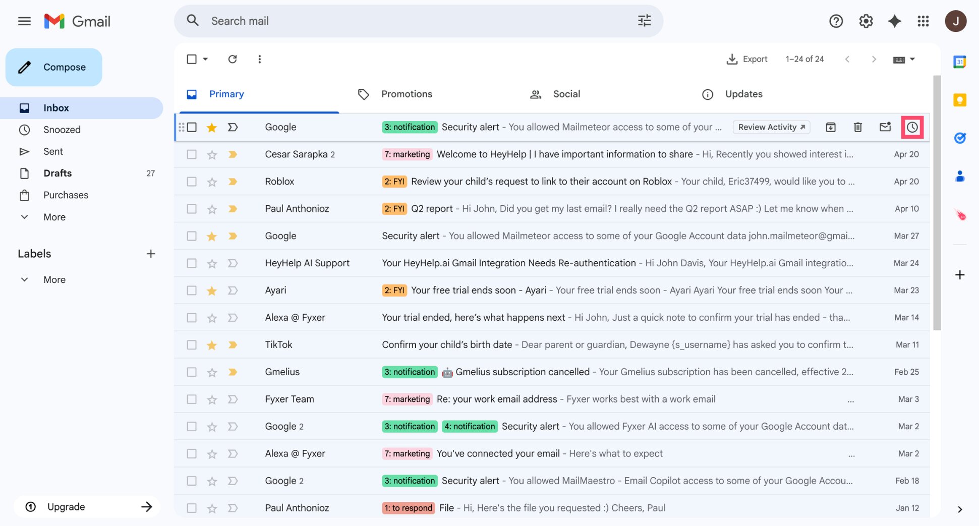 Gmail snooze icon appearing on hover over an email