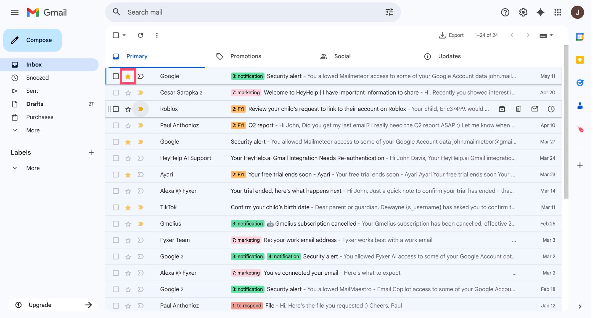 Star icon in Gmail inbox to flag an email for follow-up