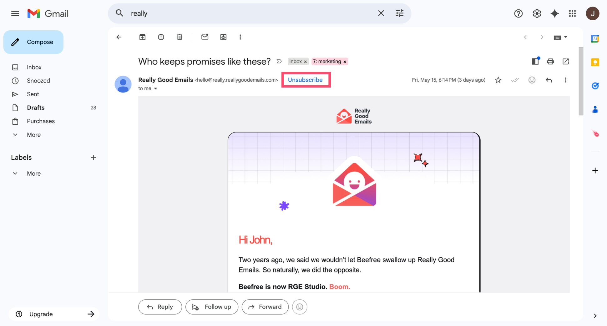 Unsubscribe link next to sender name at top of Gmail email