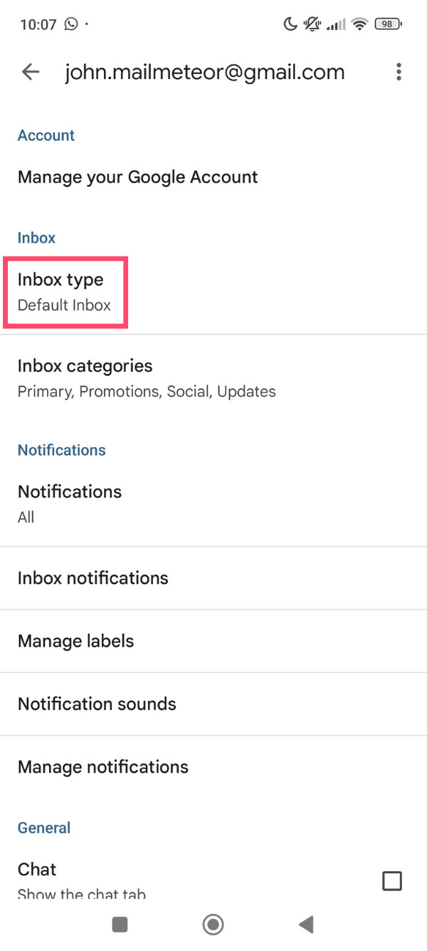 Access inbox type settings in Gmail on Android