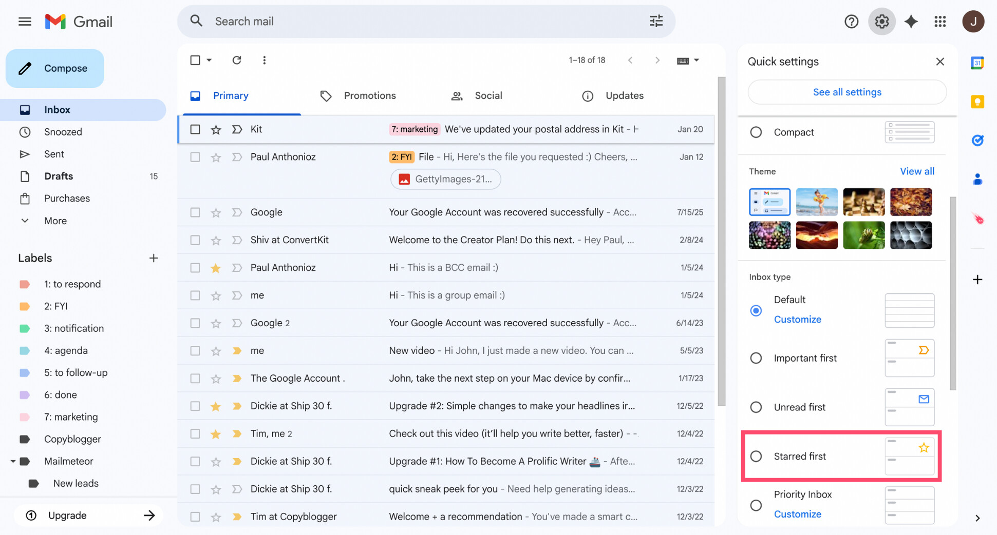 Configure your your Gmail inbox to display starred emails at the top