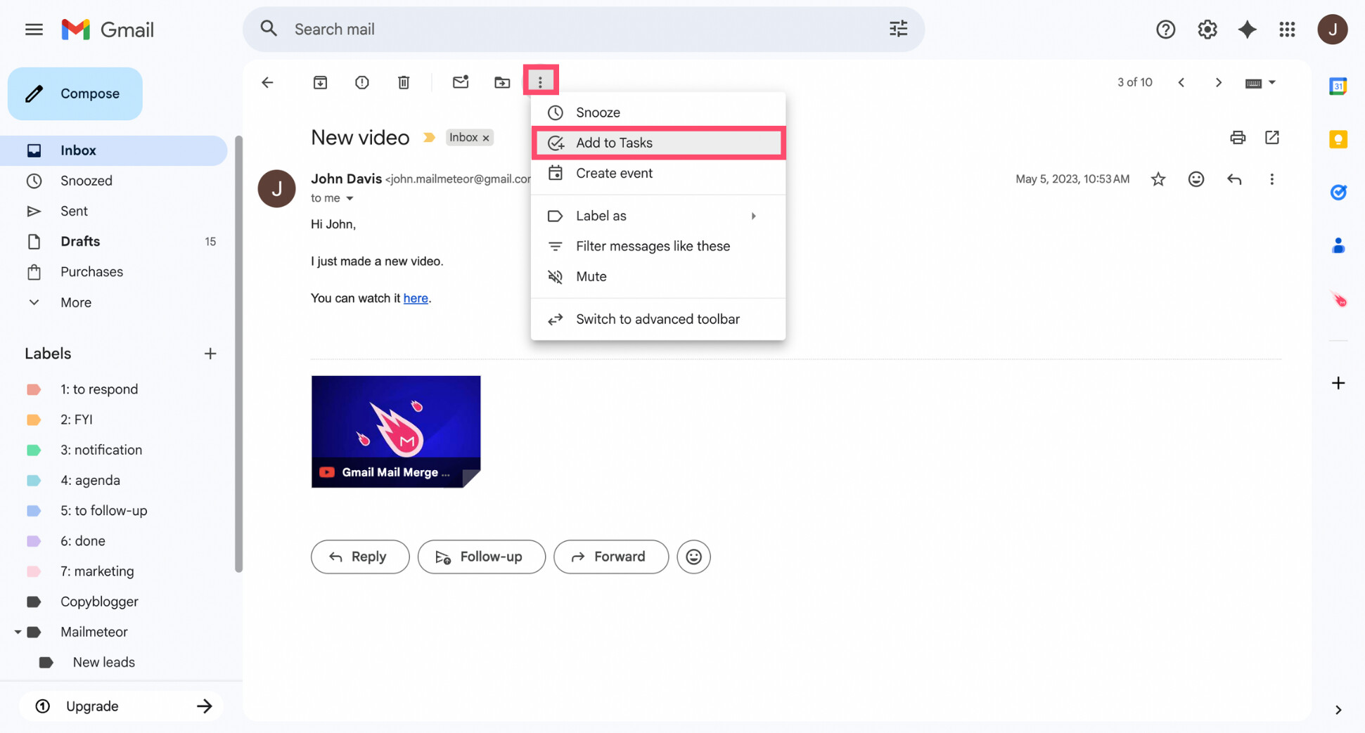 Turn an email into a task in Gmail