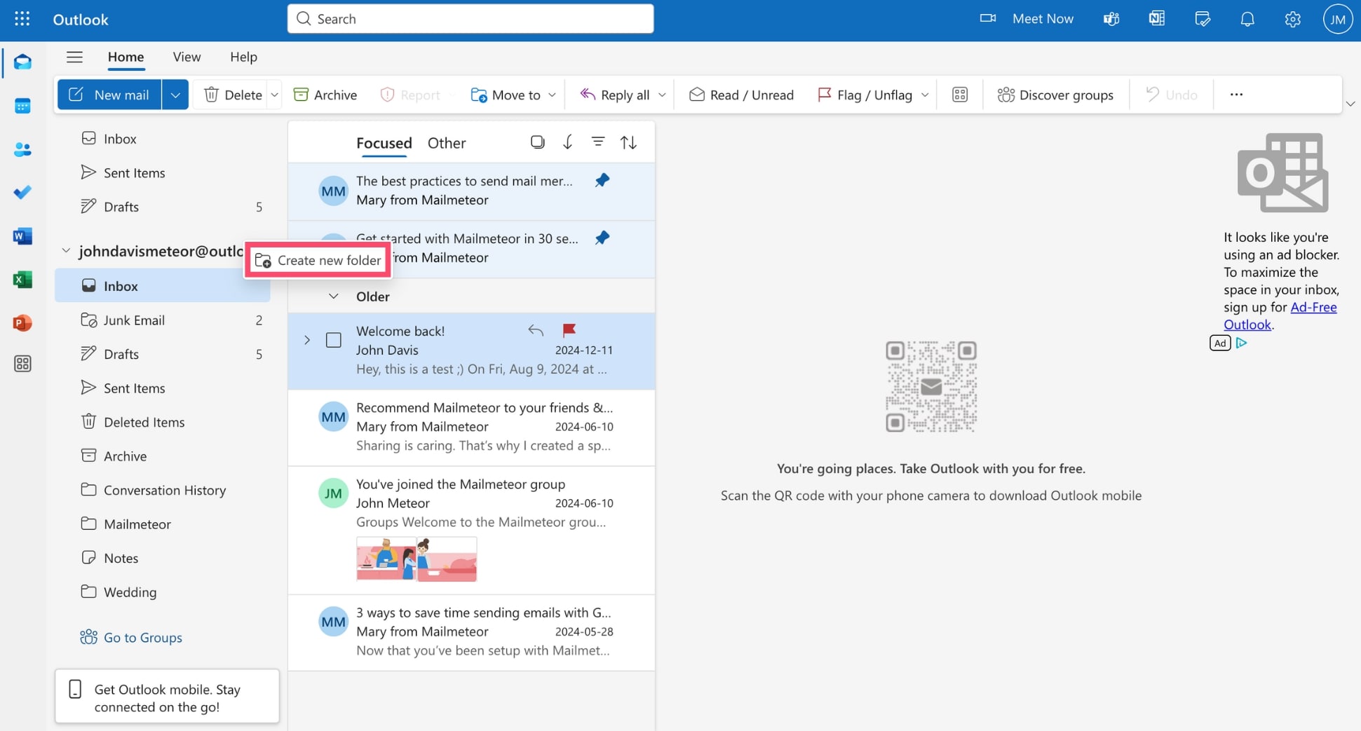 Create a folder in Outlook
