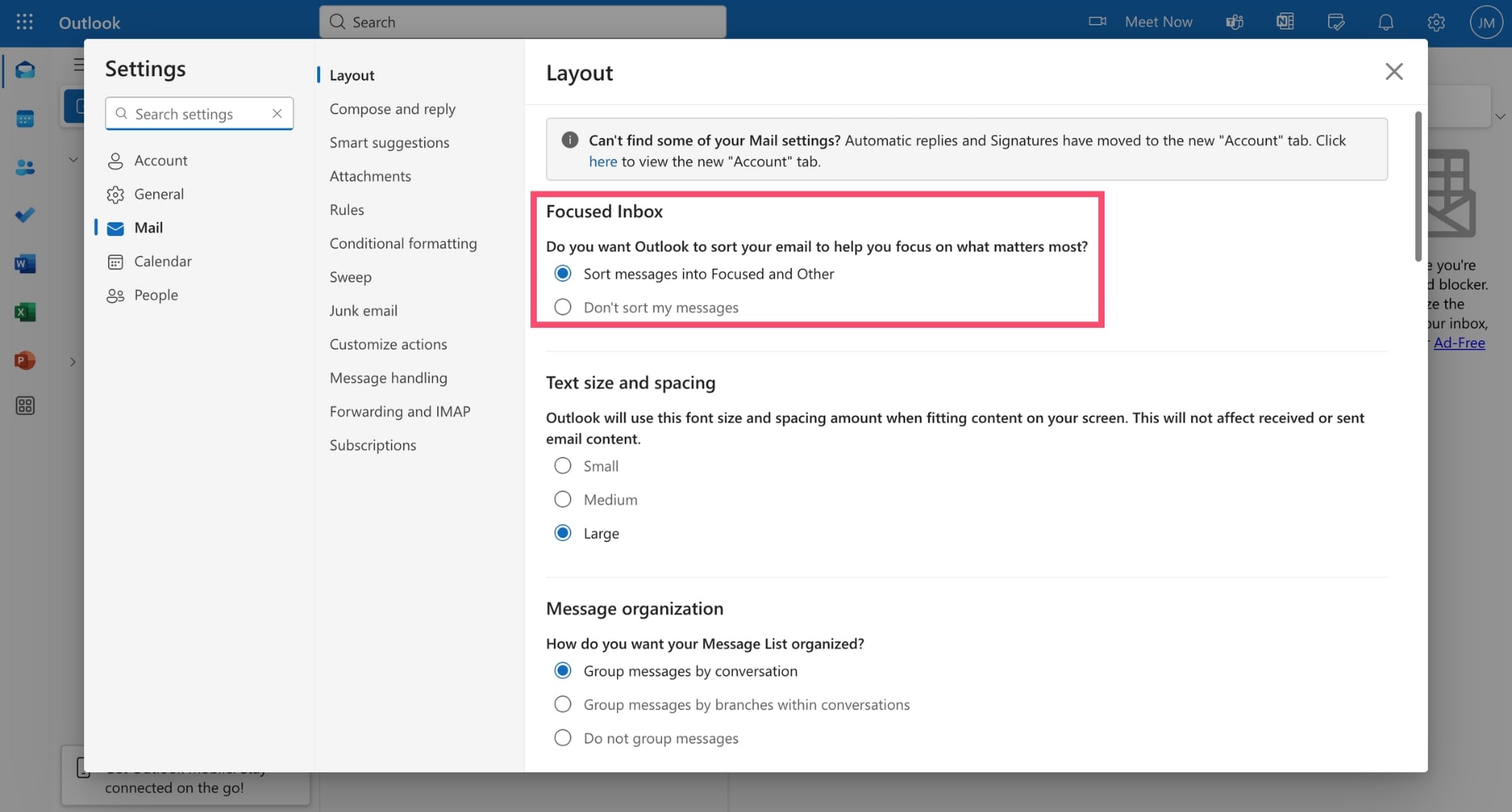Enable Focused Inbox in Outlook