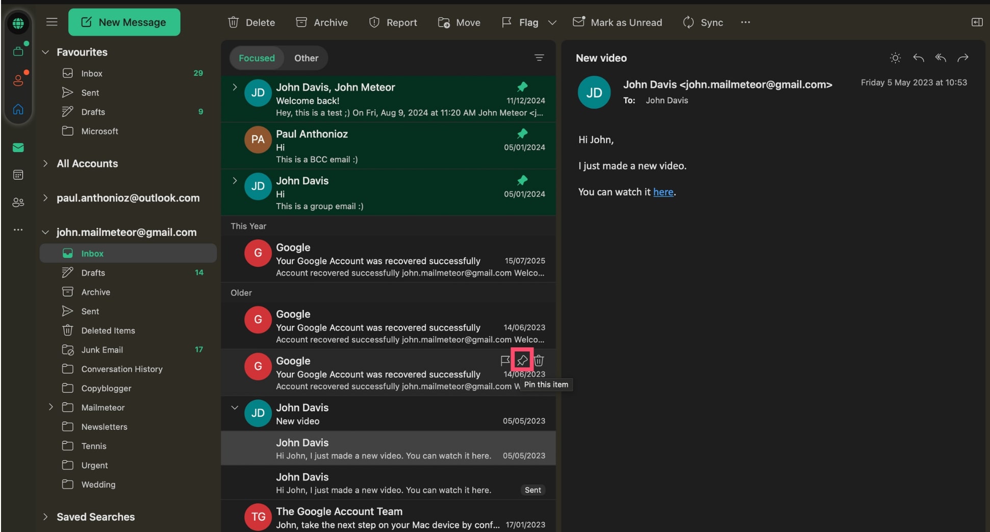 Pin emails in Outlook for Mac